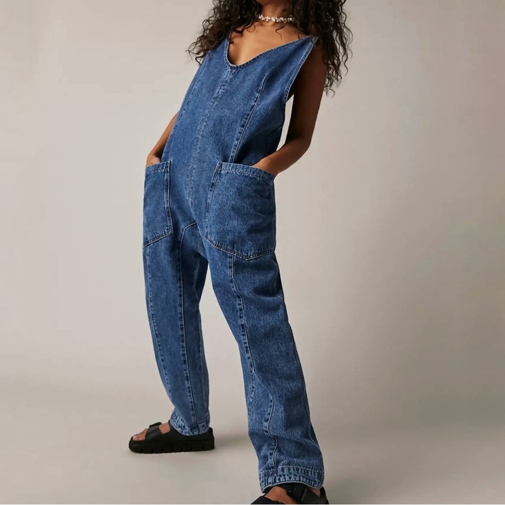 Free People High Roller Denim Jumpsuit